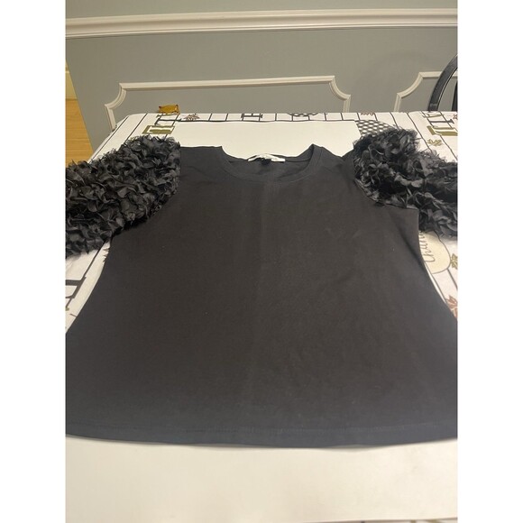 Anthropologie Flat Black Ruffle Puff Sleeve Pullover Shirt Top Women’s Sz S - Picture 4 of 12